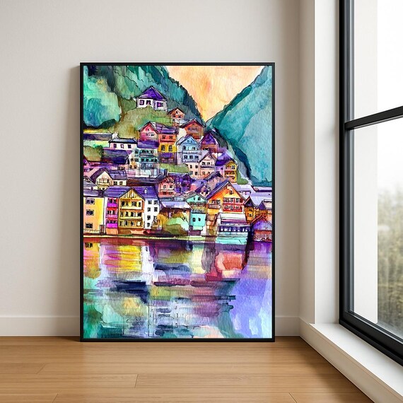 Vibrant Alpine Lakeside Village Reflection Watercolor Travel Art Poster
