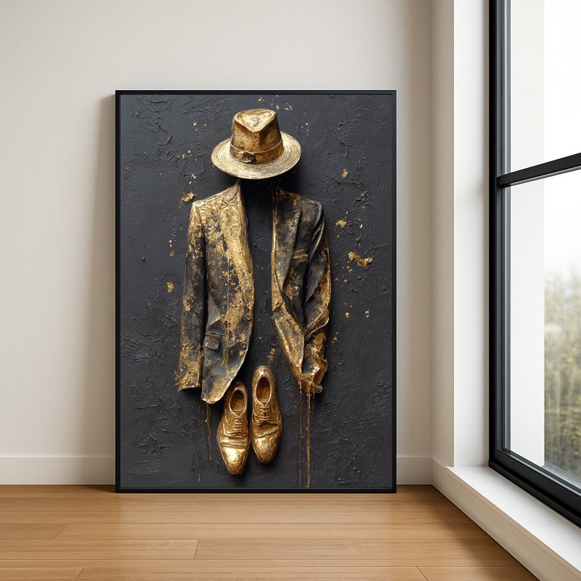 Modern Gentleman Abstract Oil Painting Suit Hat Wall Art Luxury Decor Print