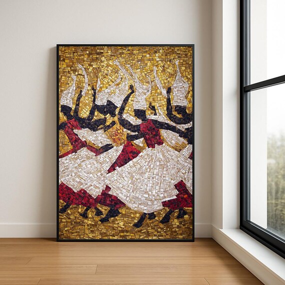 Folk Dancers in White and Red Mosaic Gold Celebration Art Poster