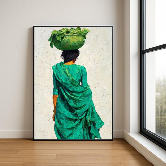 Teal Green Indian Woman Carrying Leafy Basket Painting Poster