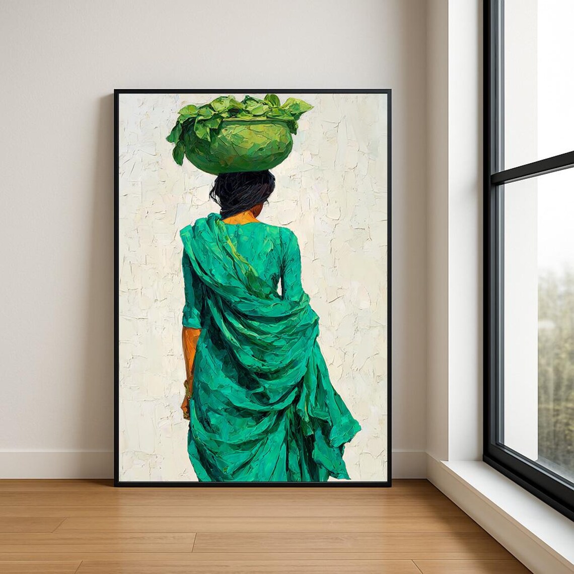 Teal Green Indian Woman Carrying Leafy Basket Painting Poster
