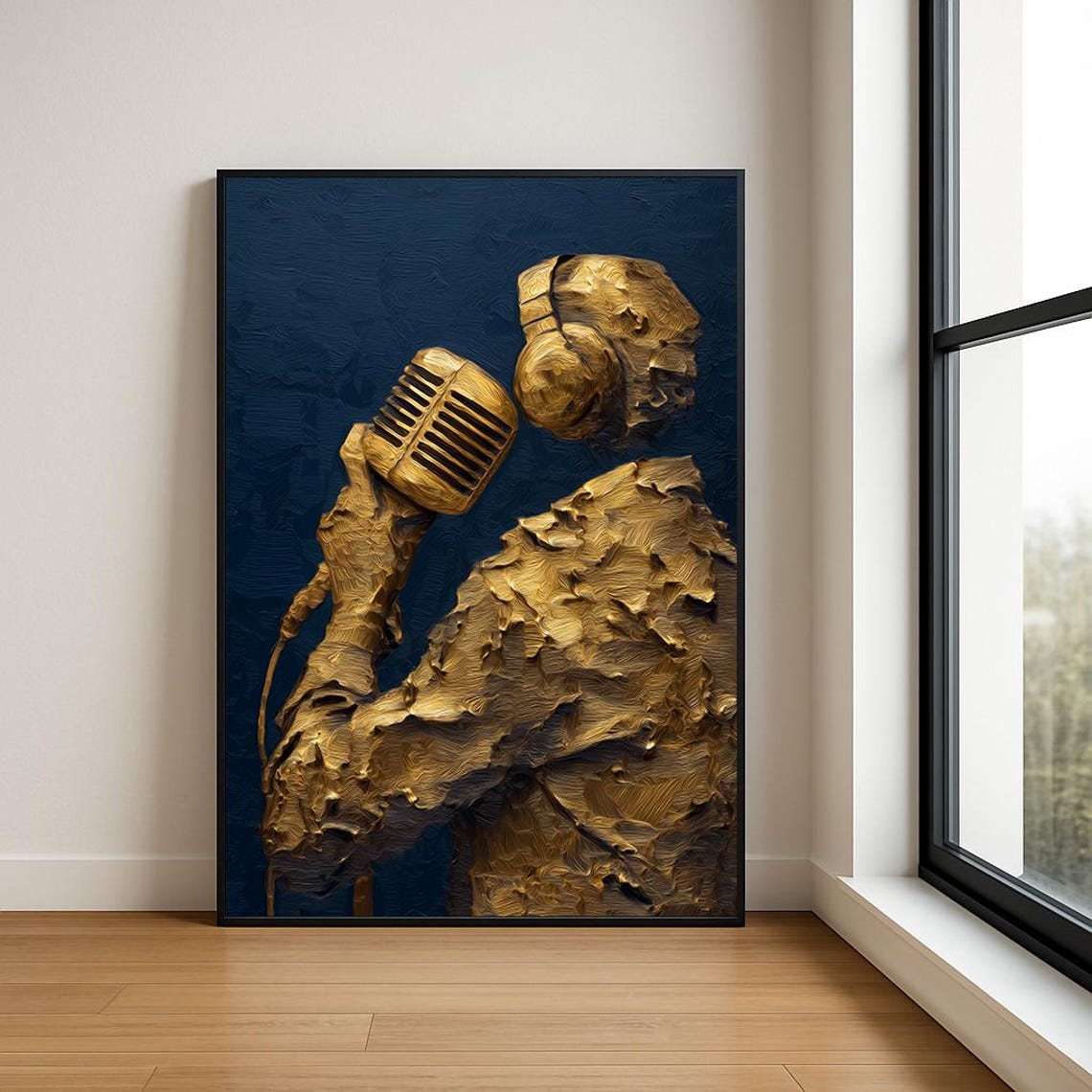 Golden Singer Vintage Microphone Headphones Navy Music Poster