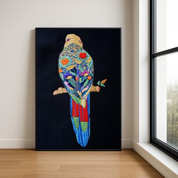 Colourful Embroidered Animal Wall Art Boho Illustration Print Vibrant Textile Style Home Decor