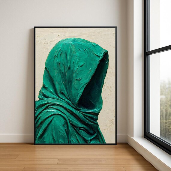 Emerald Green Hooded Figure Impasto Abstract Oil Painting Poster