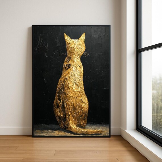Golden Cat Sitting Black Background Textured Impasto Painting Wall Art