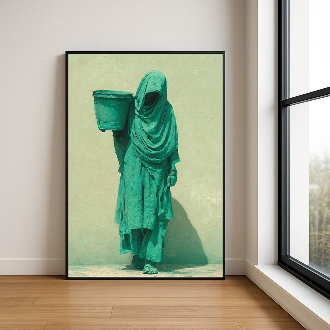 Teal Draped Woman Bucket Monochrome Impasto Figure Art Poster
