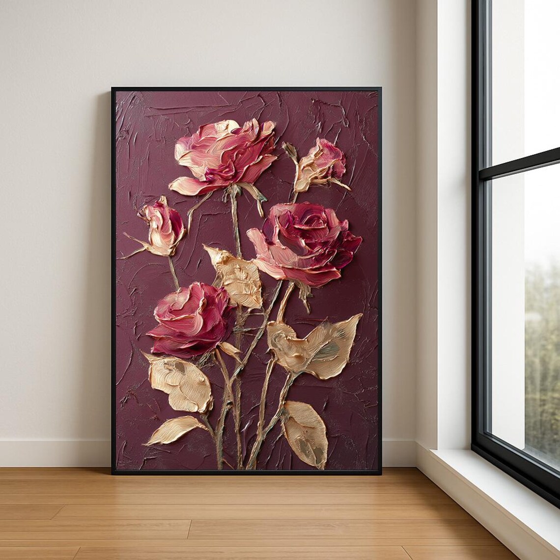 Deep Textured Burgundy Roses and Gold Leaves Oil Painting Poster