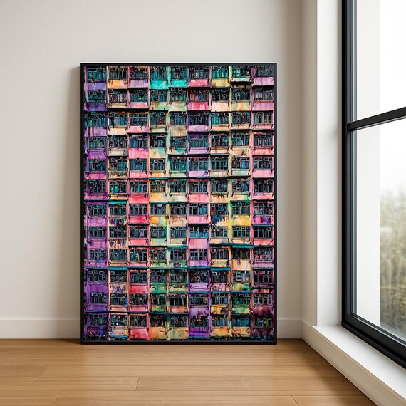 Rainbow High Rise Apartment Facade Watercolor Urban Modern Art Poster
