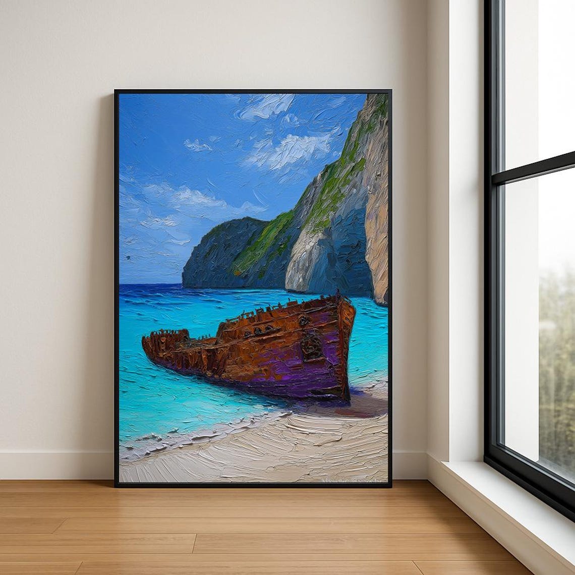 Rusted Shipwreck Turquoise Beach Cliffs Impasto Painting Poster