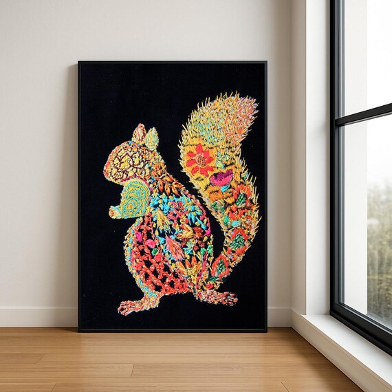 Colourful Embroidered Animal Wall Art Boho Illustration Print Vibrant Textile Style Home Decor