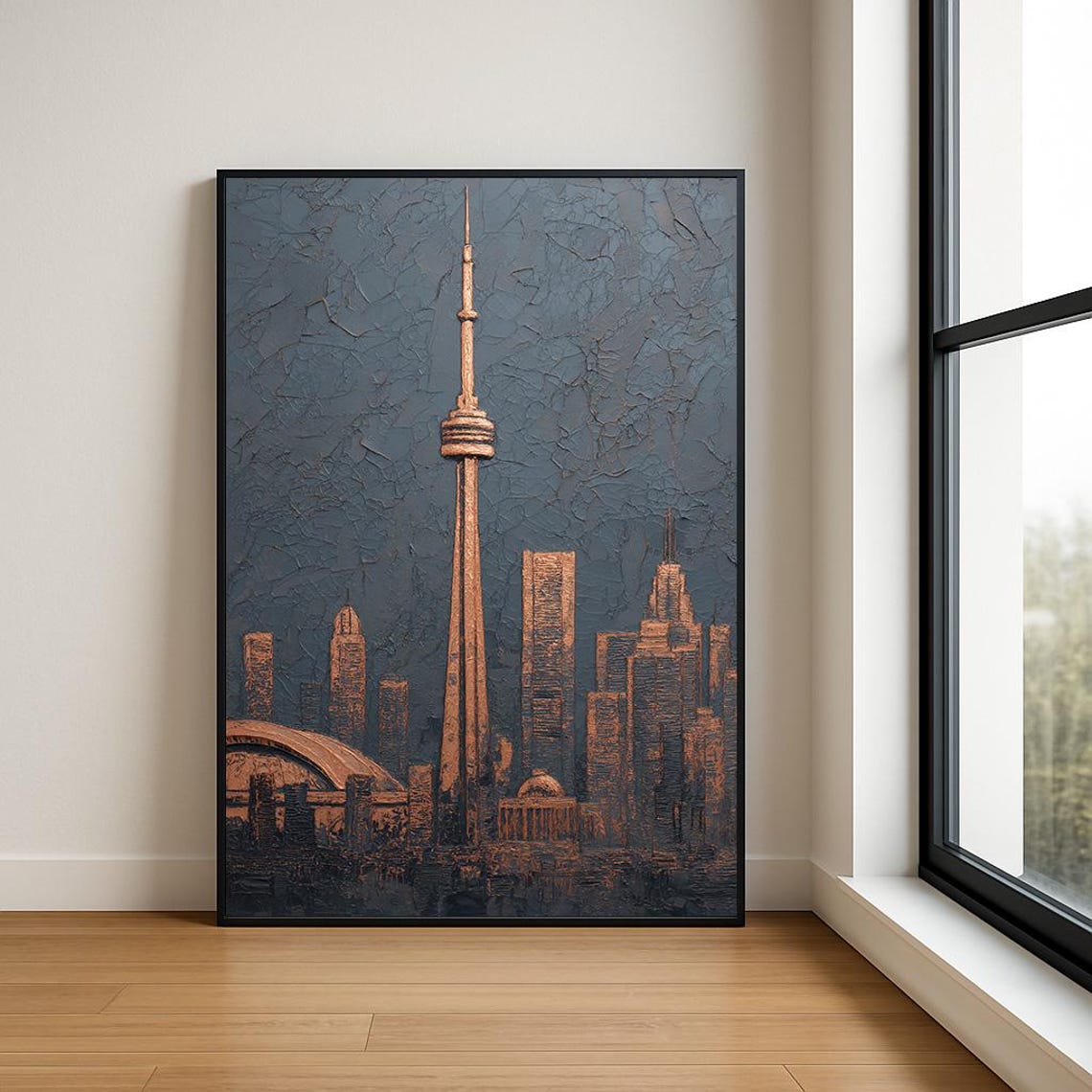 CN Tower Toronto Bronze Skyline Textured Navy Artwork Poster