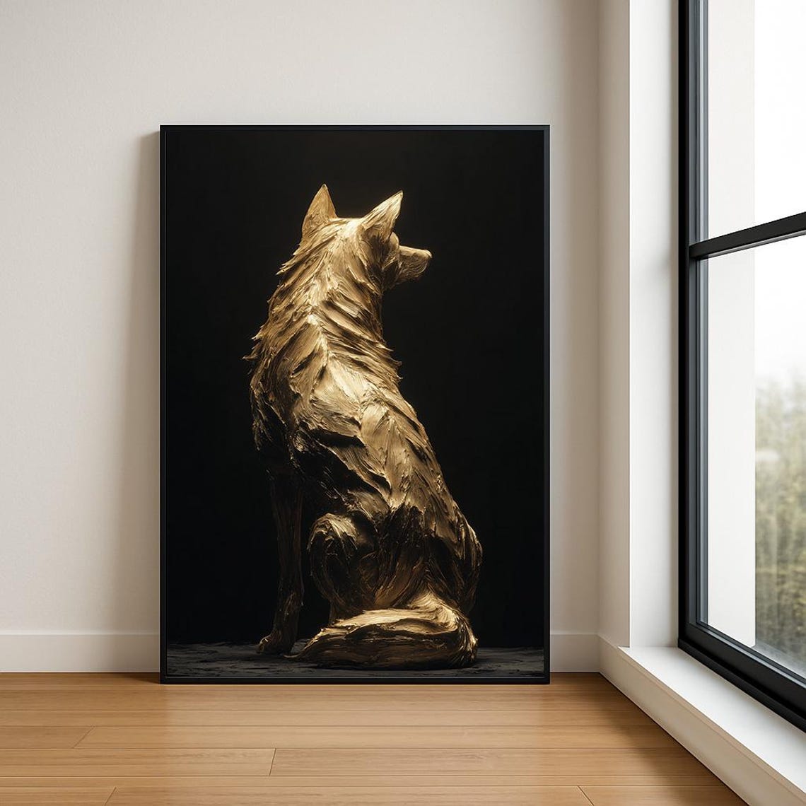Golden Wolf Sculptural Textured Black Wildlife Art Luxe Poster