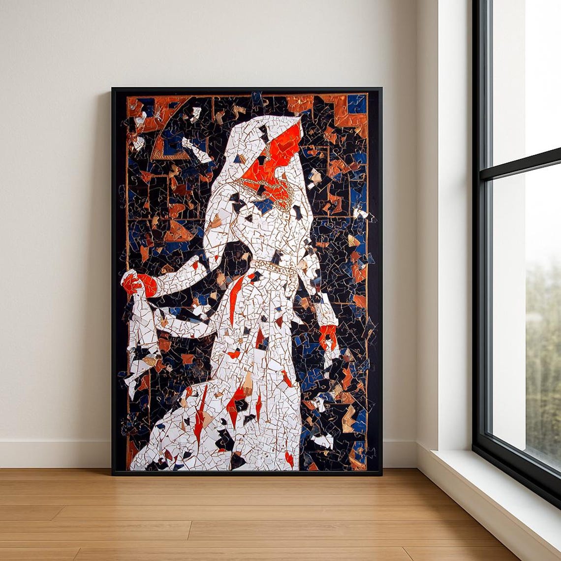 Veiled Mosaic Dancer in White and Red Cracked Tile Style Art Poster