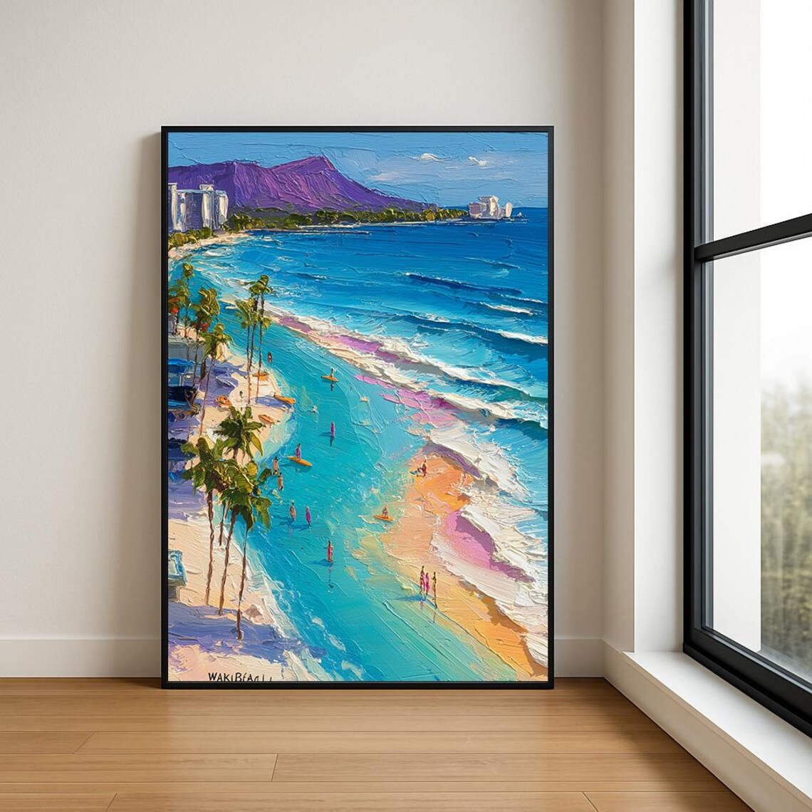 Waikiki Beach Surfers Palm Trees Impasto Oil Painting Poster
