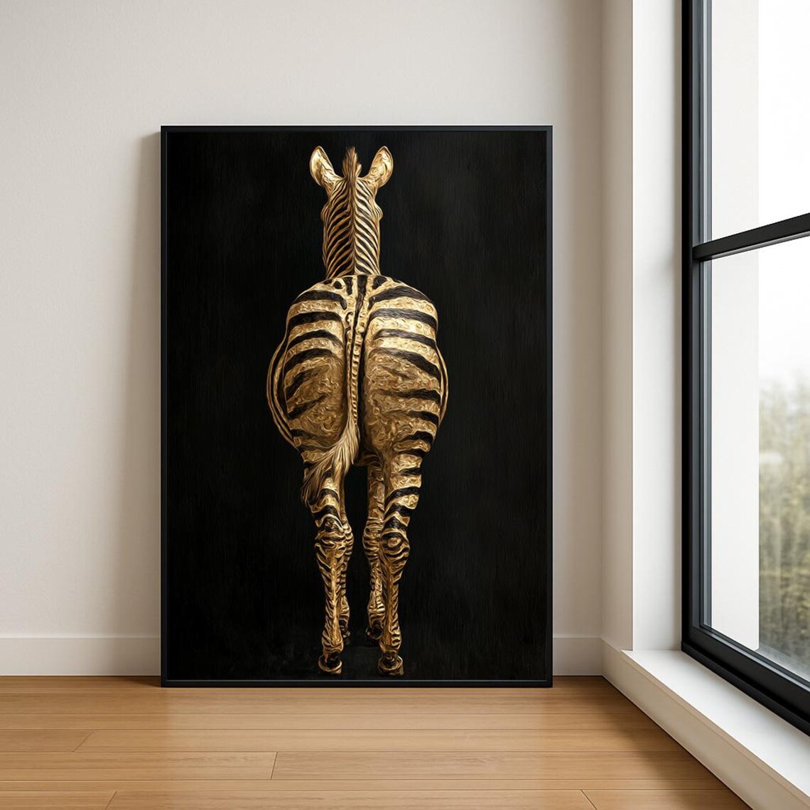 Golden Zebra Walking Away Textured Oil Painting Black Background Poster