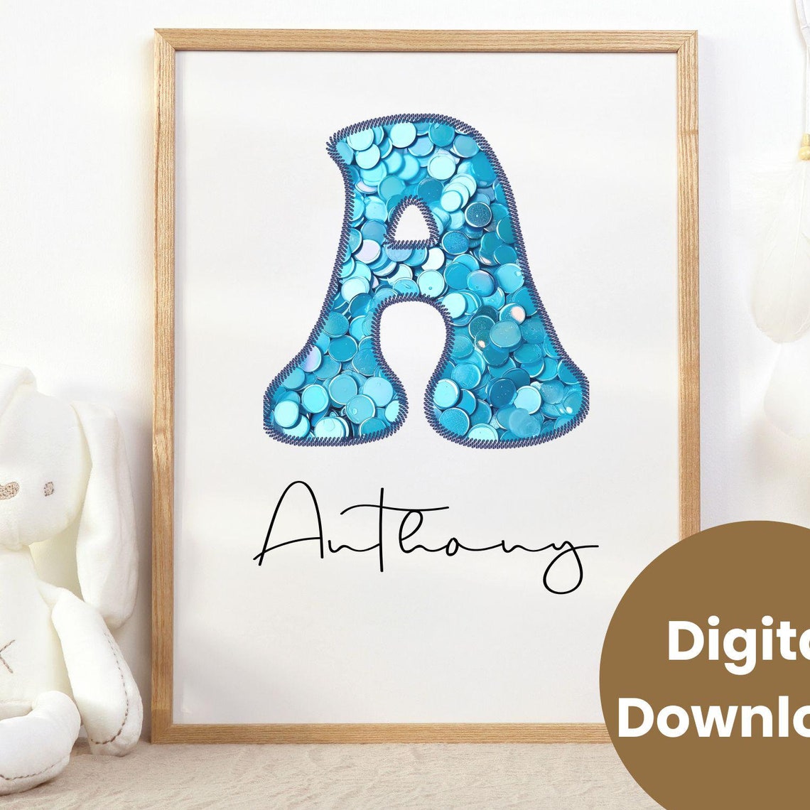 Blue Sequin Letter A Sparkle Personalized Nursery Name Digital Poster