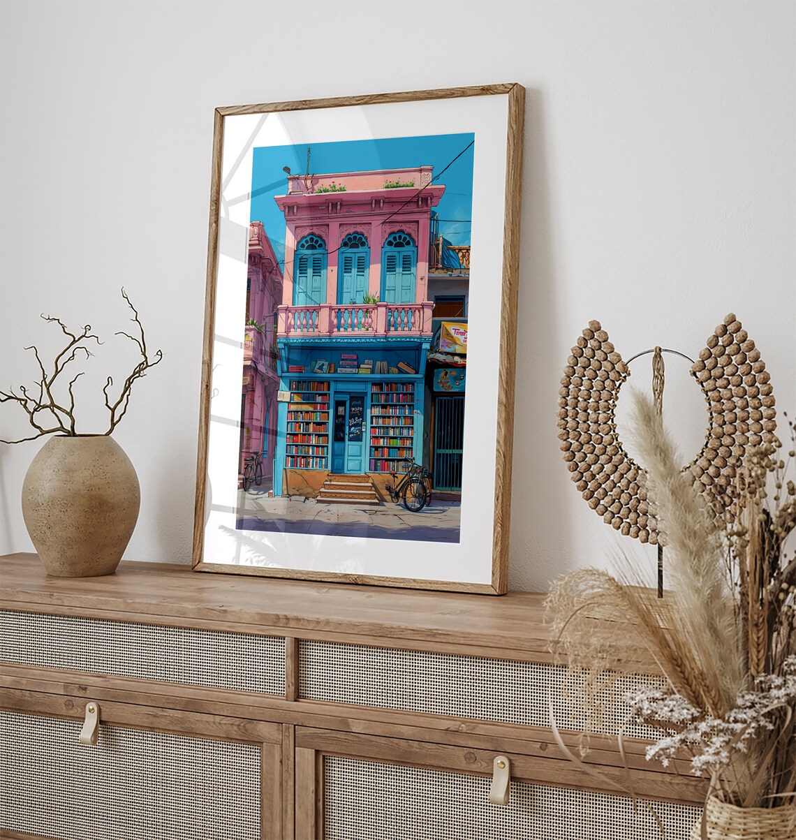 Colorful Indian Bookshop Street Storefront in Pink and Blue Poster - Image 3