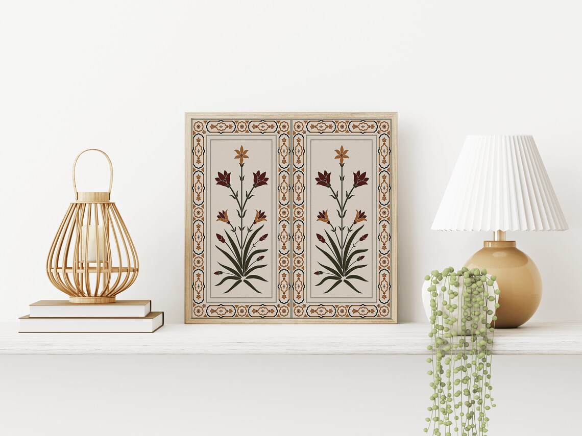 Mughal Floral Diptych of Brown Botanical Panels Classic Art Poster - Image 2