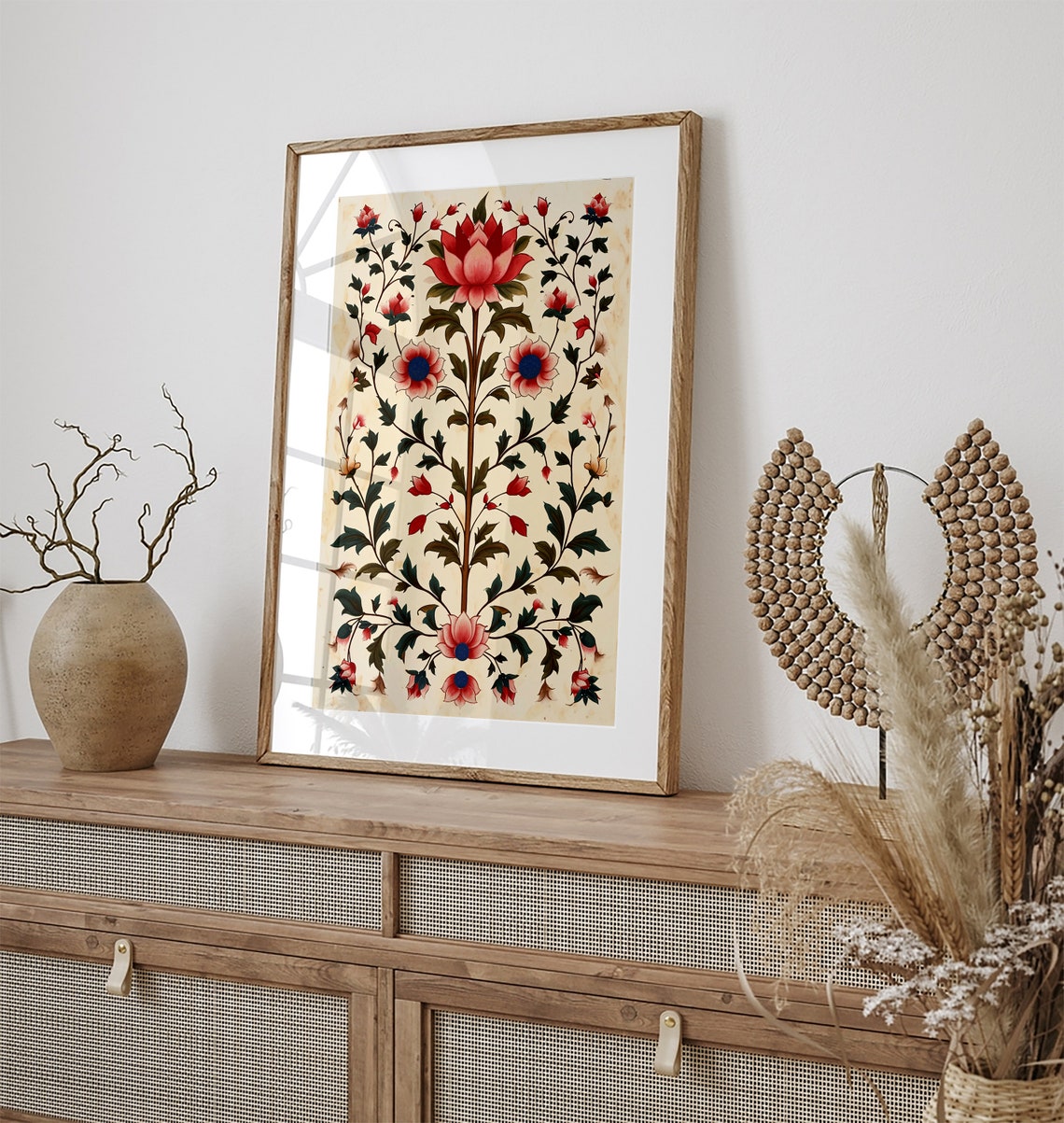Antique Indian Pink Lotus Floral Vine Botanical Vintage Wall Art - Image 3