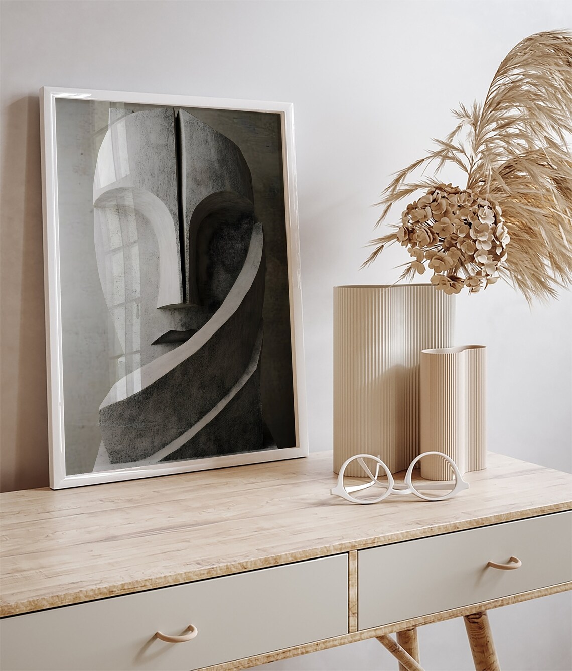 3D Concrete Face Sculpture, Modern Wall Art Print - Image 3