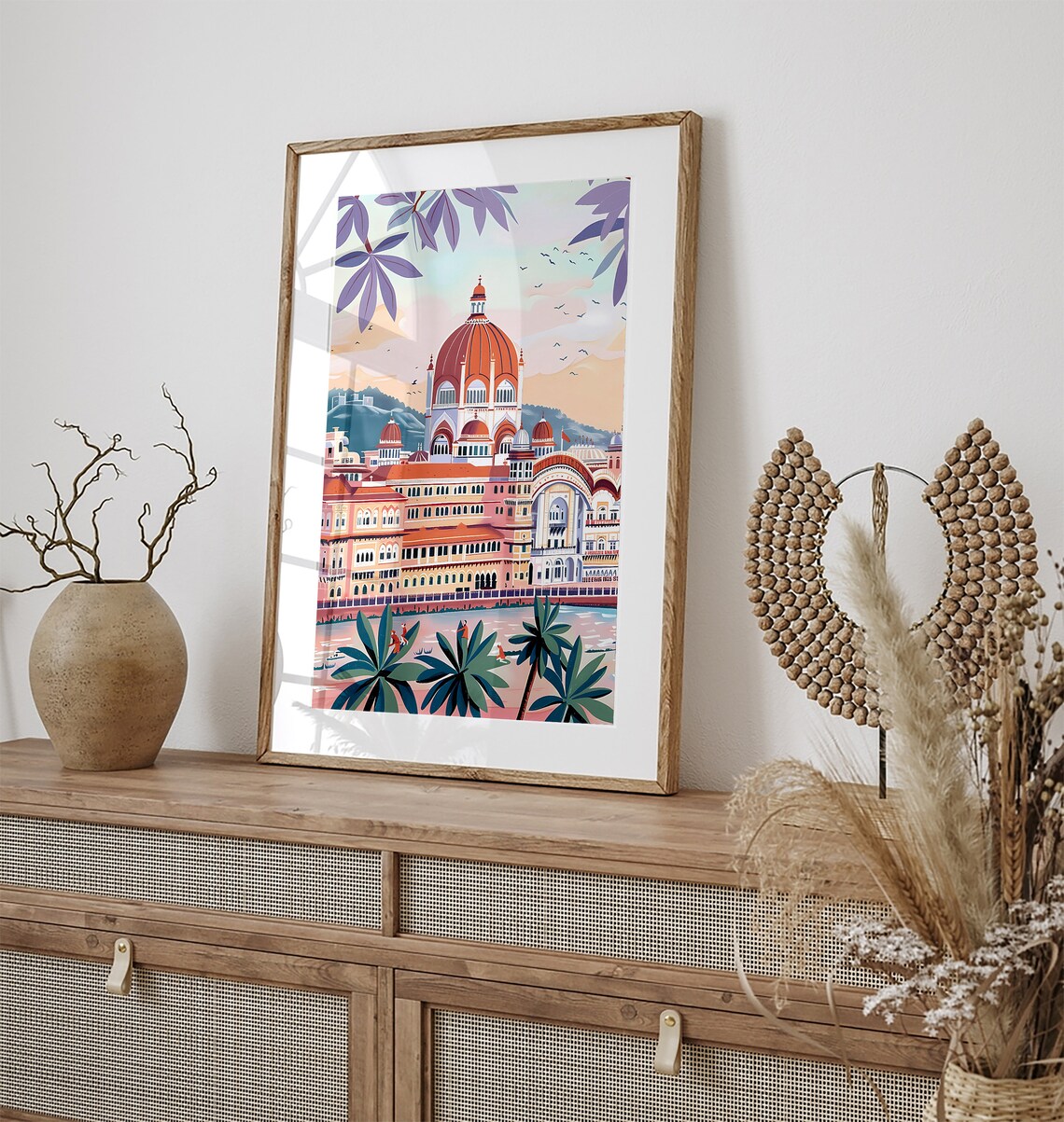 Pink Domed Delhi Monument Sunset Palms Pastel Indian Travel Poster - Image 2