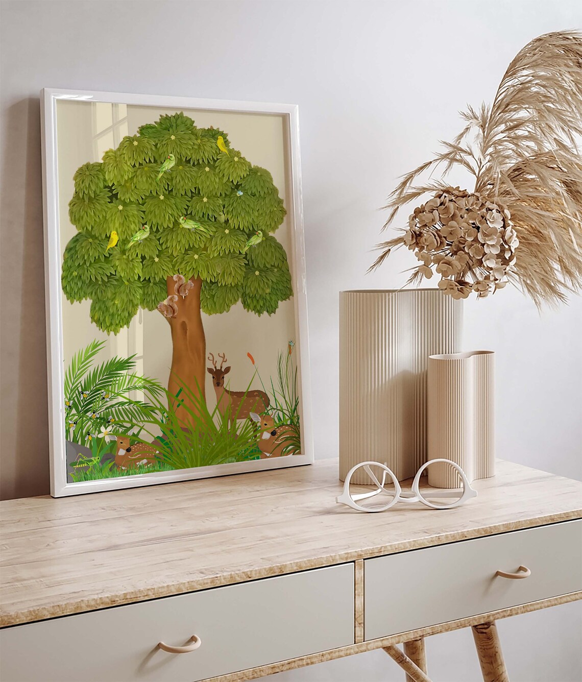 Indian Folk Art Tree of Life Painting Deer Parrots Botanical Wall Art - Image 3