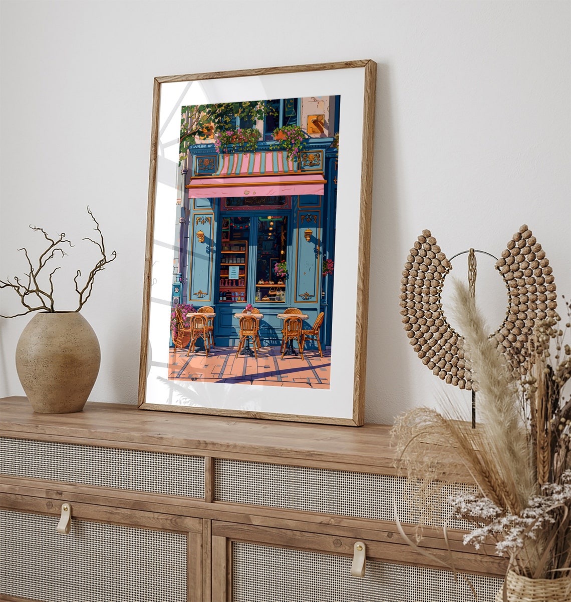 Parisian Cafe Storefront Painting Blue Facade Pink Awning Poster - Image 3