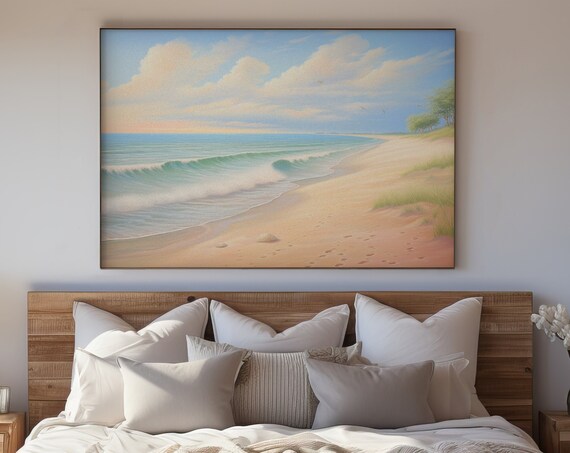 Pastel Beach Waves Sandy Shore Soft Coastal Landscape Calm Wall Art Print
