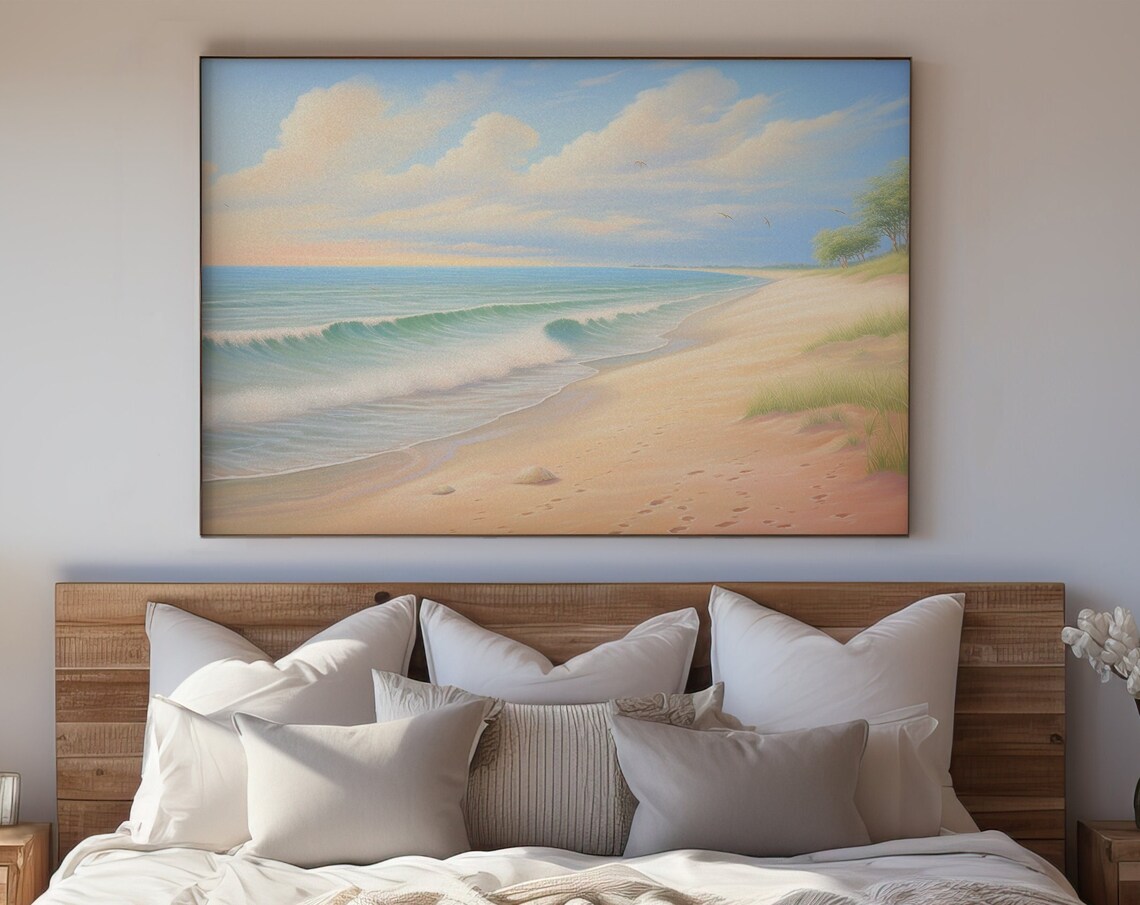 Pastel Beach Waves Sandy Shore Soft Coastal Landscape Calm Wall Art Print
