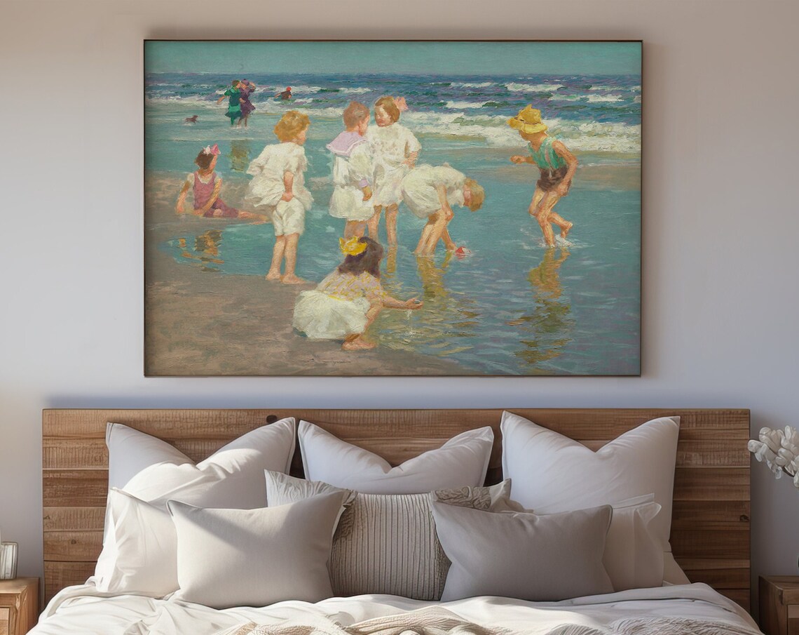 Children Playing Seashore Impressionist Blue Ocean Vintage Beach Art Poster