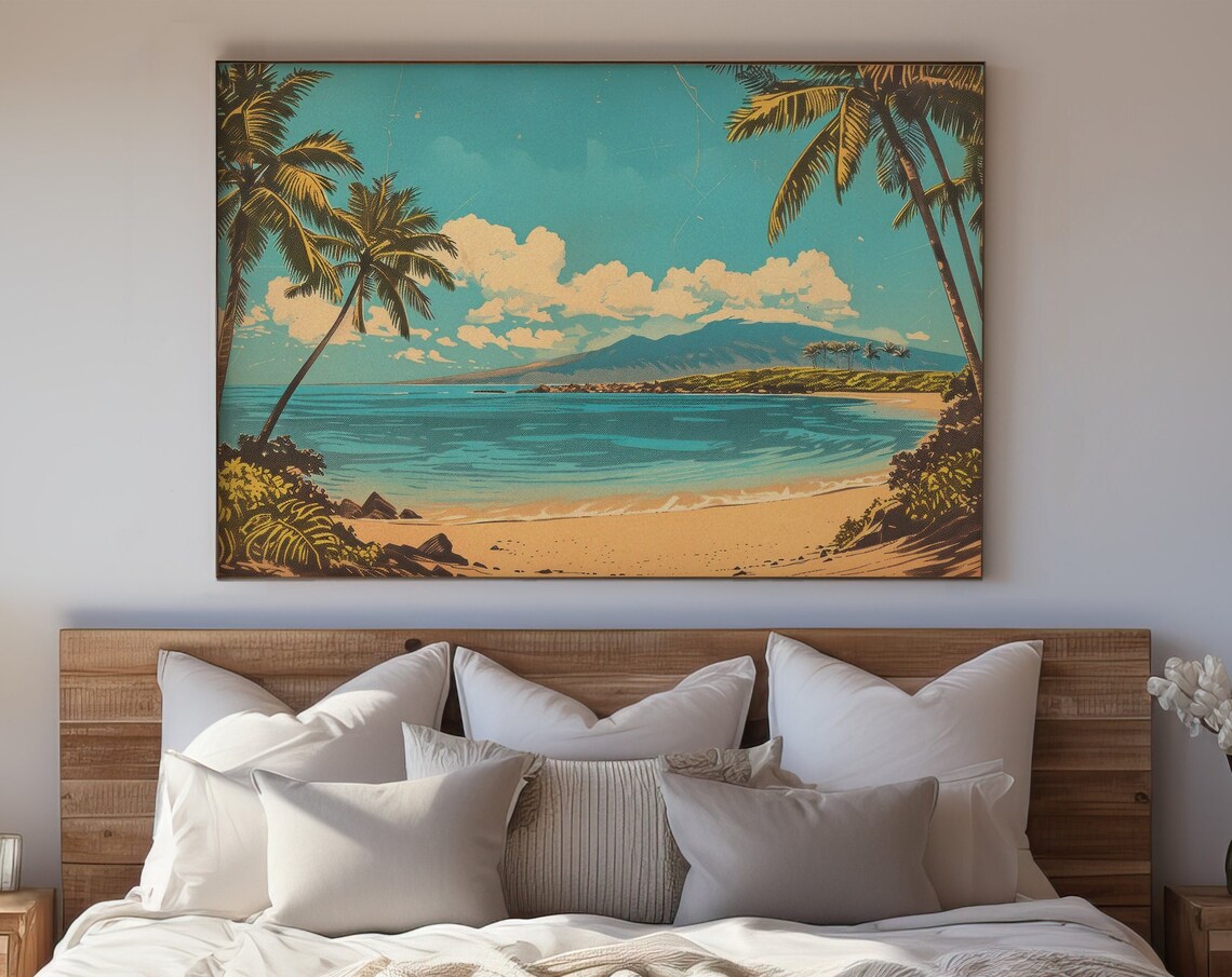 Retro Tropical Beach Bay Palms Turquoise Water Vintage Coastal Art Poster