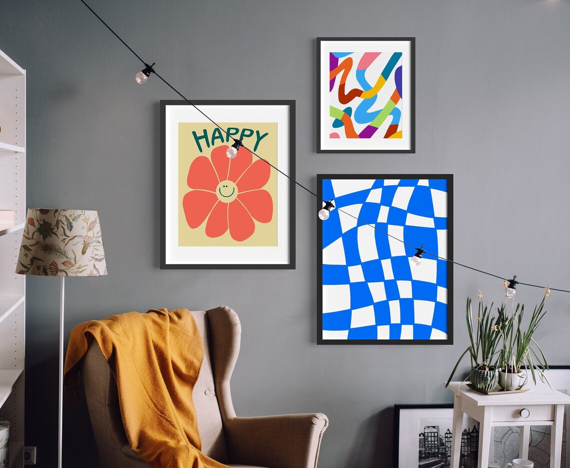 Happy Flower Groovy Gallery Wall Set Of 3 Colorful Art Poster