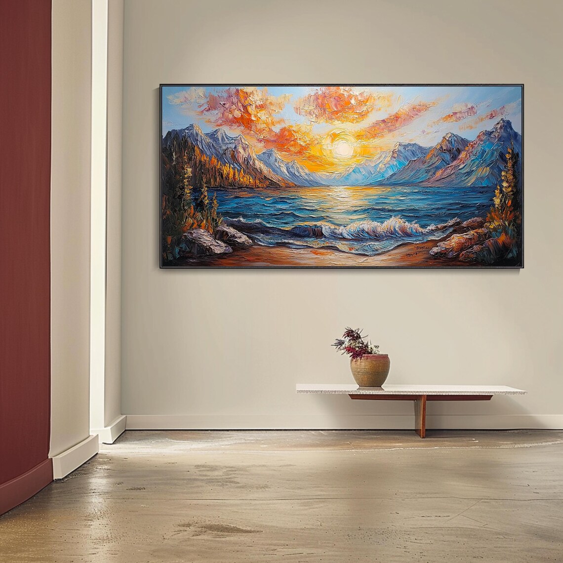 Golden Sunrise Mountain Lake Waves Snowy Peaks Impasto Art Poster - Image 4