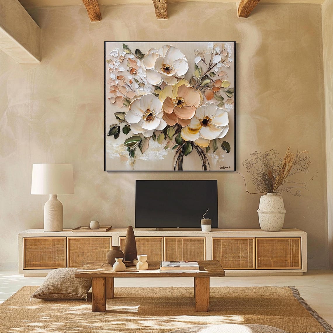 Cream Peony Blossom Bouquet Beige Textured Floral Elegant Wall Art - Image 2