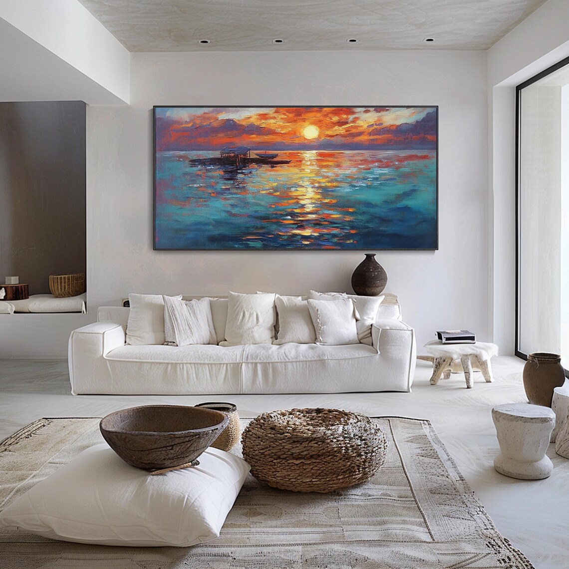 Fiery Sunset Over Ocean Boats Shimmering Vibrant Seascape Art Poster - Image 3
