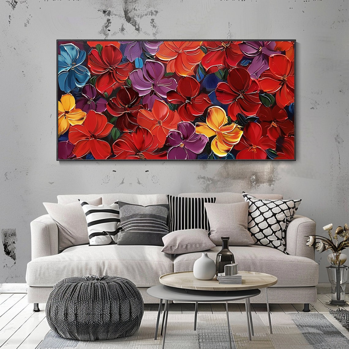 Red Purple Blossom Field Vibrant Palette Knife Floral Art Poster - Image 2
