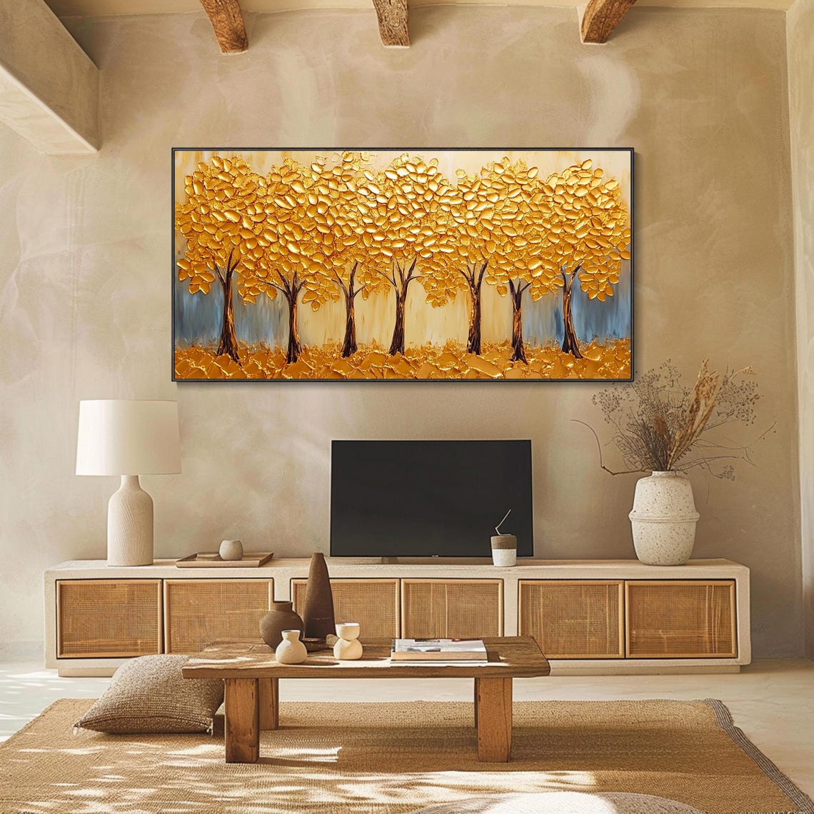 Golden Leaf Trees Row Rich Gold Foliage Luxury Textured Wall Art - Image 2