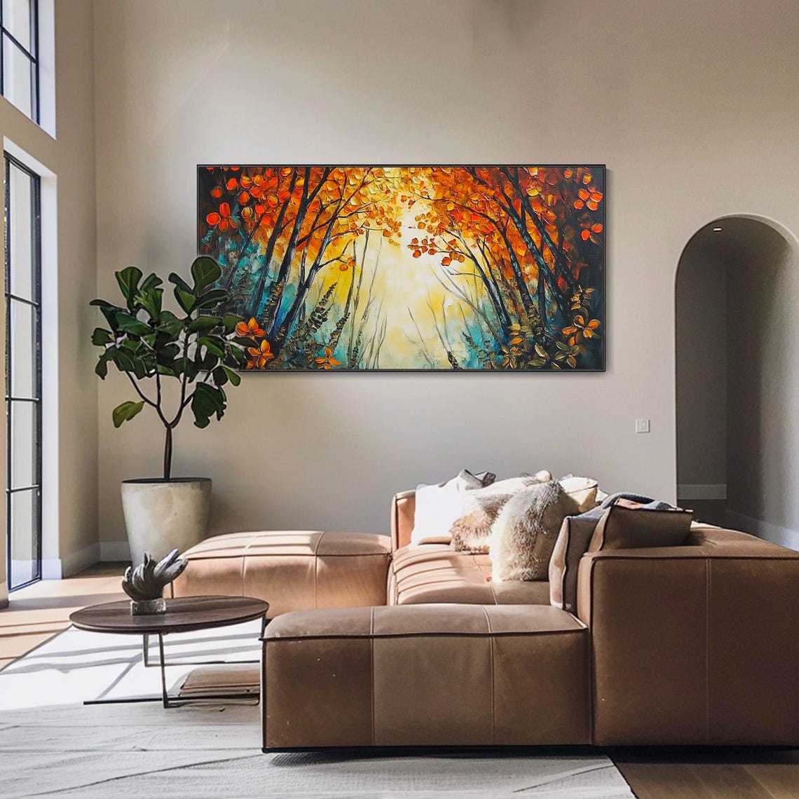 Dramatic Autumn Forest Orange Canopy Glowing Light Textured Wall Art - Image 4