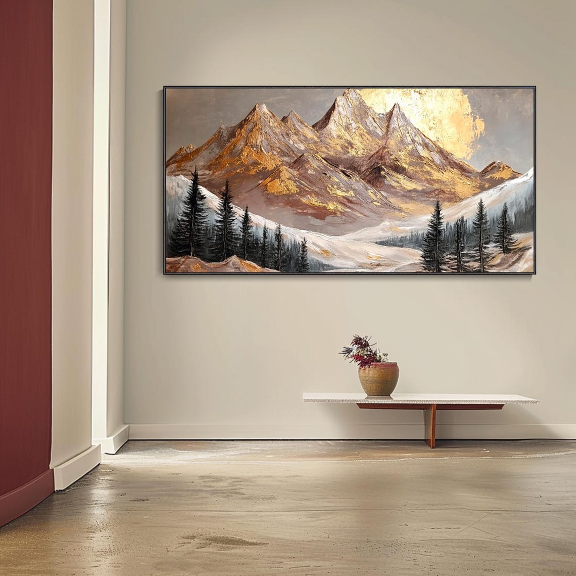 Golden Snow Mountain Peaks Warm Sunset Alpine Pines Landscape Poster - Image 4