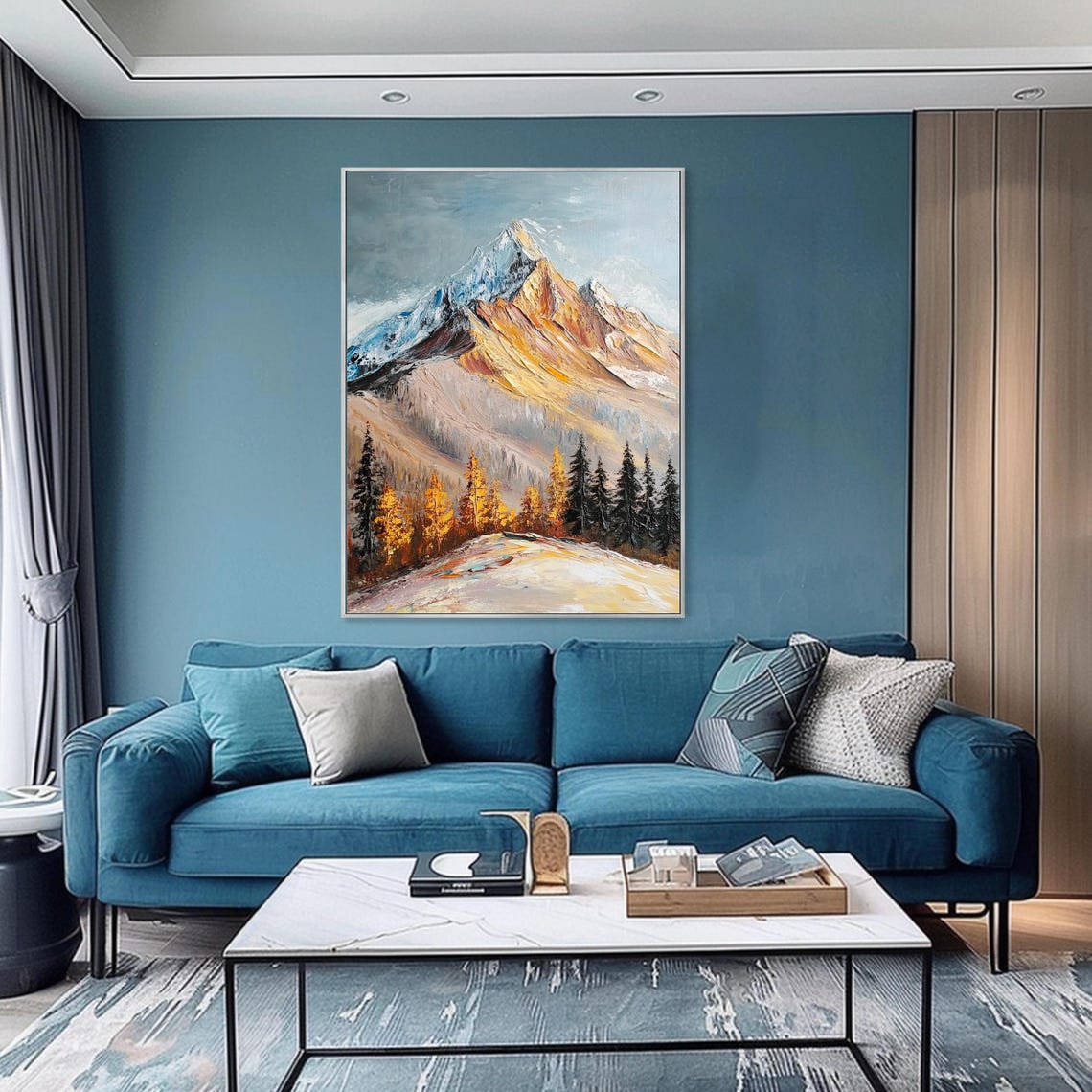 Snow Peak Mountain Golden Slopes Autumn Pine Trees Vertical Art Poster - Image 2