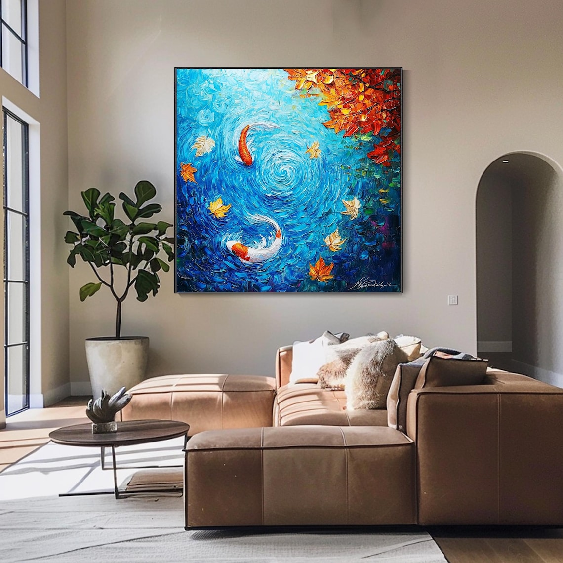 Colorful Koi Fish Pair Blue Water Swirl Autumn Maple Leaves Wall Art - Image 4