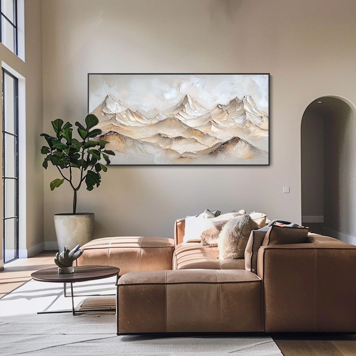 Neutral Beige Mountain Range Panorama Textured Impasto Alpine Poster - Image 4