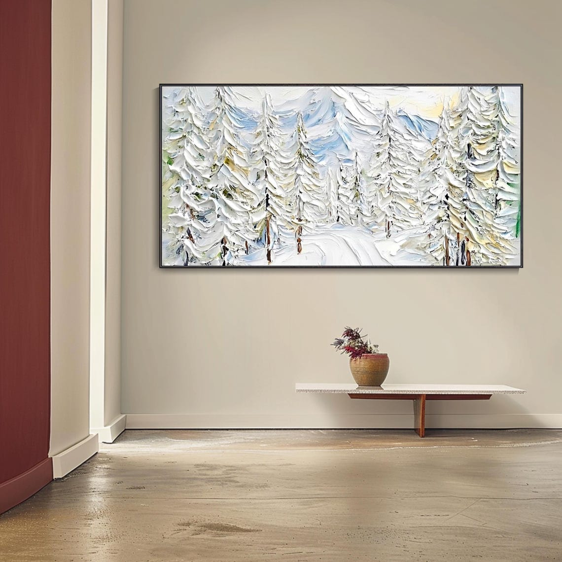 White Winter Wonderland Snowy Firs Mountains Textured Impasto Wall Art - Image 4