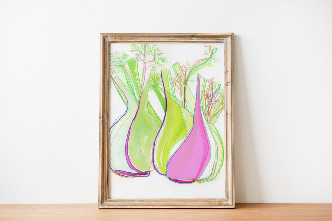 Fennel Bulbs Watercolor Green Botanical Vegetable Kitchen Poster