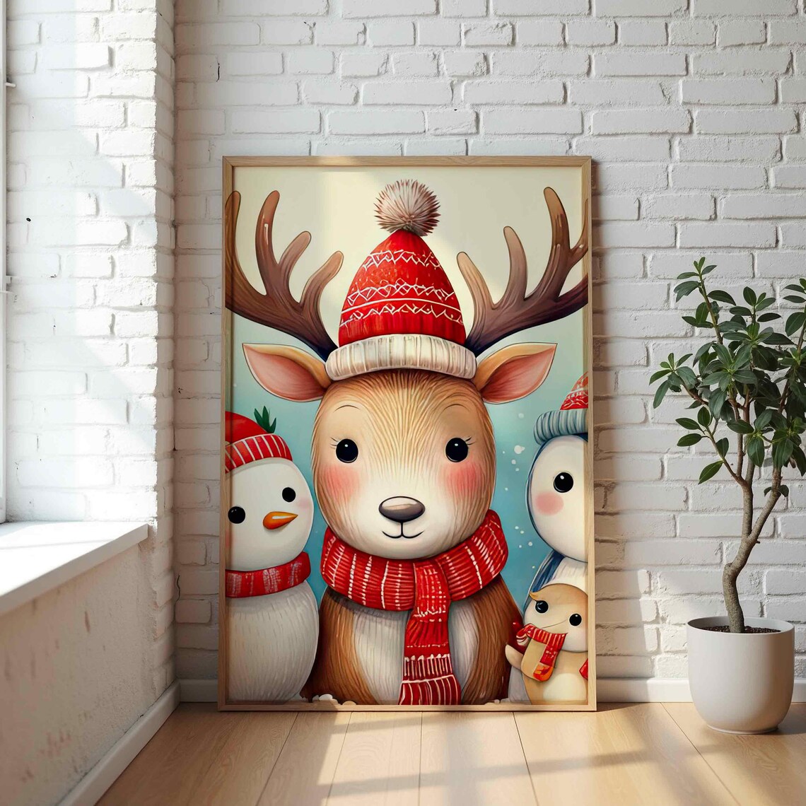 Christmas Reindeer Snowman Friends Cute Winter Animal Kids Wall Art