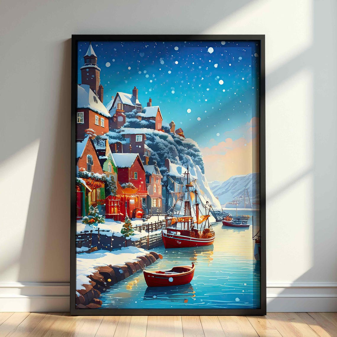 Snowy Hillside Harbor Town Winter Boats Festive Christmas Poster