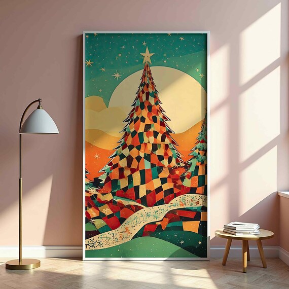 Folk Mosaic Patchwork Christmas Tree Starry Night Holiday Poster