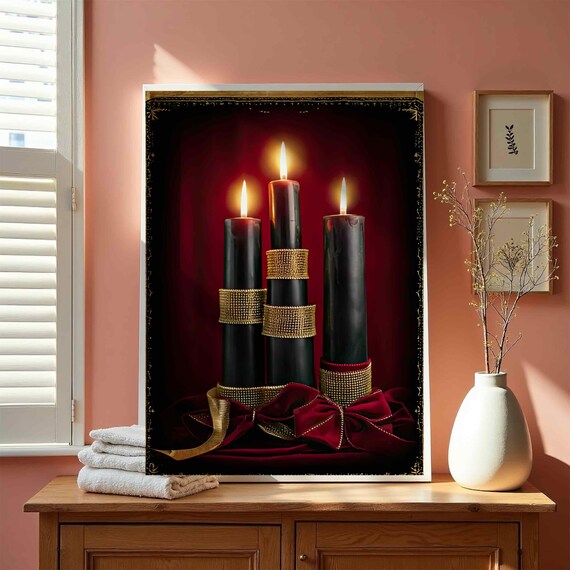 Elegant Black Candles Gold Beaded Bands Dark Red Gothic Wall Poster