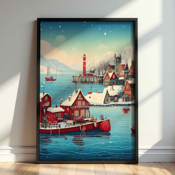 Christmas Village Art Vintage Holiday Decor Retro Cozy Festive Designs Instant Cute Trendy