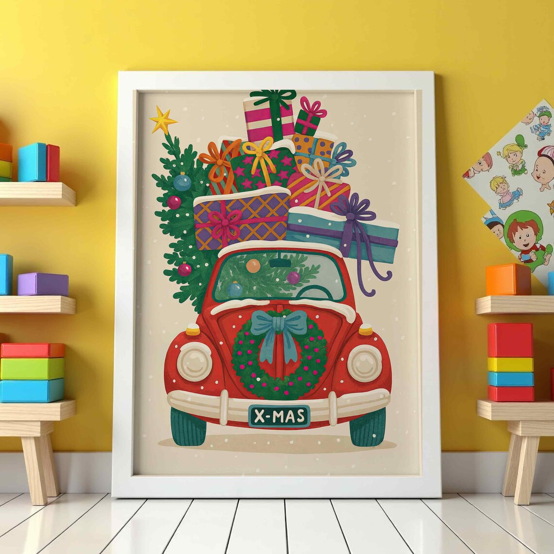 Red Vintage Beetle Car Christmas Gifts Wreath X-Mas Poster Art